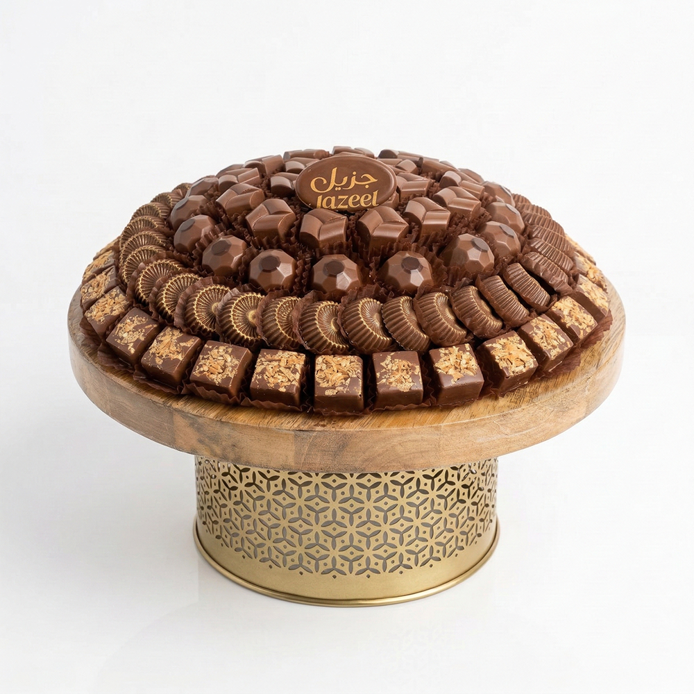 U13 صينية مكشوف ستاند خشب دائرى بقاعده معدن ذهبي 800 جم