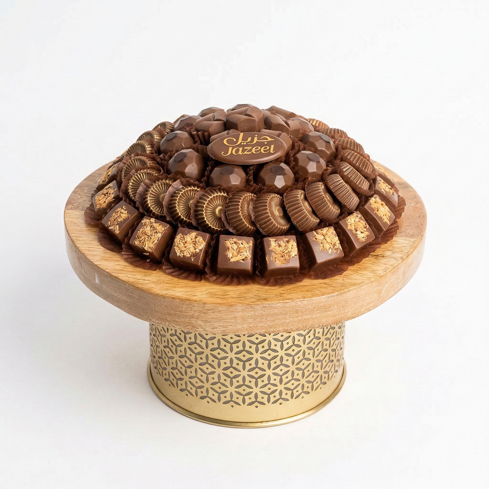 U15 صينية مكشوف ستاند خشب دائرى بقاعده معدن ذهبي 550 جم