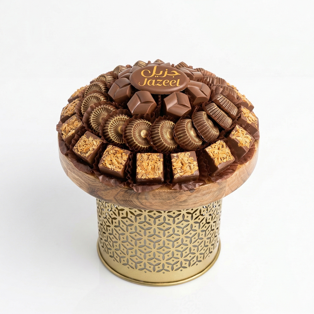 U17 صينية مكشوف ستاند خشب دائرى بقاعده معدن ذهبي 360 جم